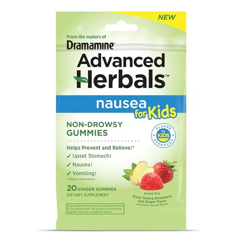from The Makers of Dramamine Advanced Herbals Kids Gummies for Nausea Relief Motion Sickness During Travel Strawberry Ginger Flavor 20 Count